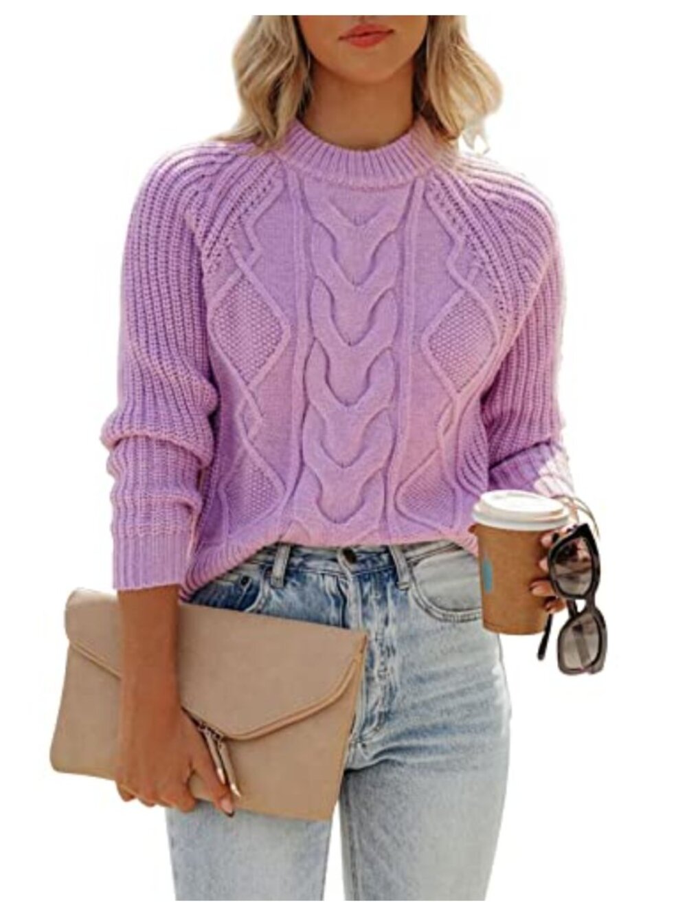 Women's Long Sleeve Cable Knit Crew Neck Pullover Sweater Casual
